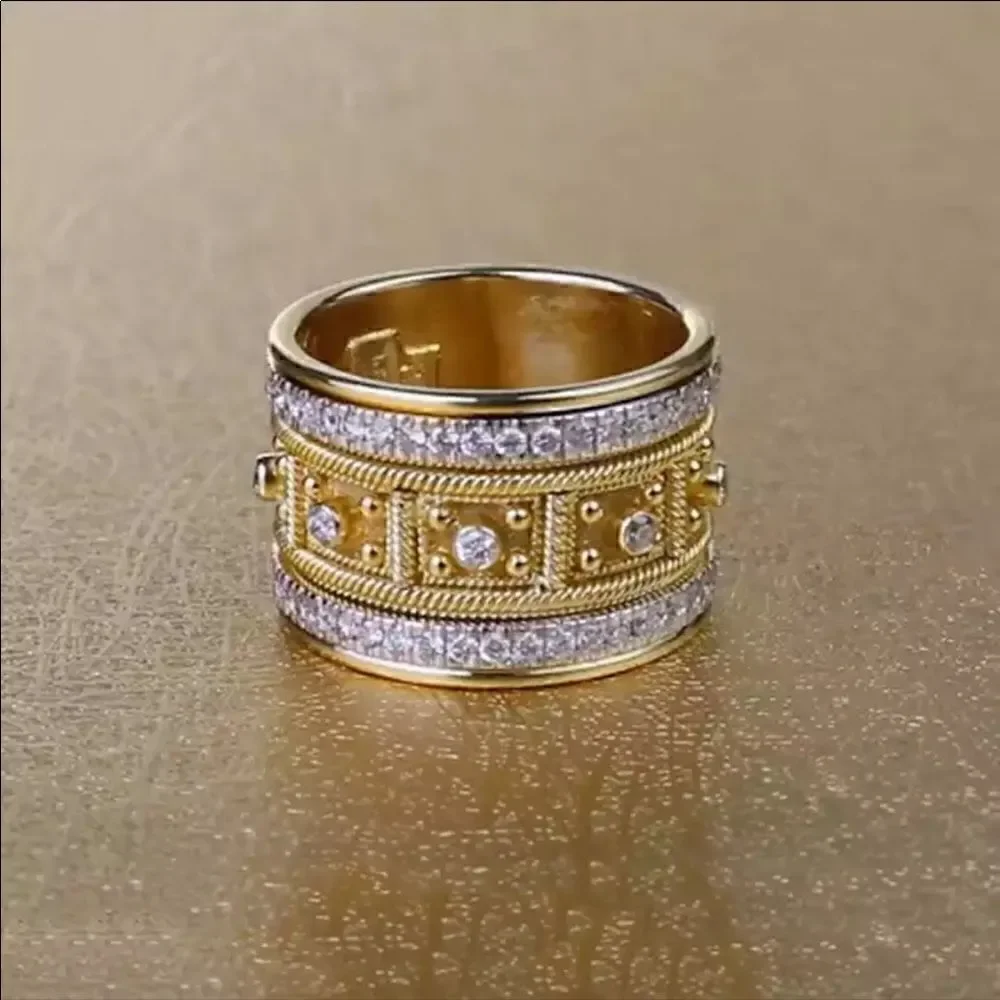 NEW Yellow Gold Vintage Diamonds Wide Ring